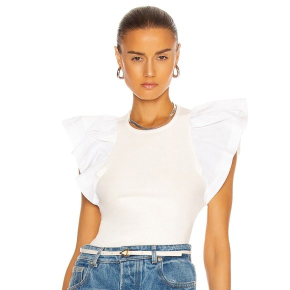 NWT A.L.C. Lucinda Tee Slim Fit W/ White Ruffle Cotton Flutter Sleeves - Picture 1 of 9